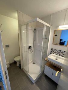 uma casa de banho com um chuveiro, um WC e um lavatório. em SAINT GEORGES DE DIDONNE Baie de l océan les dauphins em Saint-Georges-de-Didonne