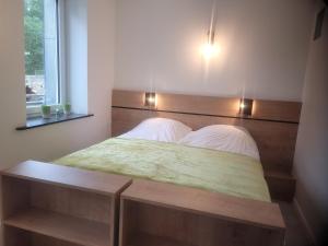 a bedroom with a bed with a wooden headboard and two pillows at Aparthouse Haas41 in Eupen