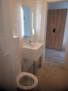 uma casa de banho branca com um lavatório e um WC em Aparthouse Haas41 em Eupen