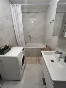 bagno bianco con lavatrice e lavandino di Apartman Panonica a Virovitica