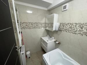 a bathroom with a sink and a toilet and a mirror at ARKADIA APARTMENTs in Bucharest +24 photos