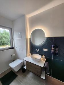 a bathroom with a sink and a toilet and a mirror at Ferienwohnung am Goitzschesee in Pouch