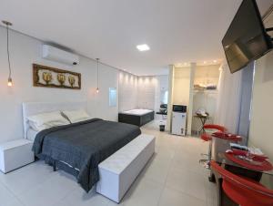 a bedroom with a bed and a tv and a bathroom at Sítio Esperança e Fé in Ribeirão das Neves