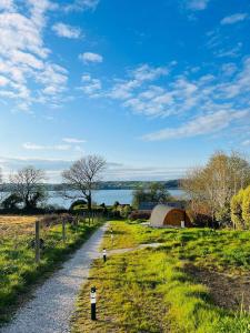 uma estrada de cascalho que leva a um campo com uma massa de água em Tranquil Water em Midleton