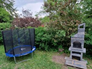 a chair sitting next to a stove in a yard at Vila Oltețul in Predeal