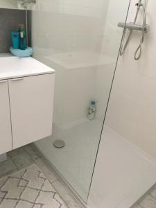 a shower with a glass door in a bathroom at Golfsuite 13 in Blankenberge