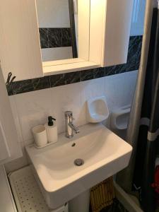 La salle de bains est pourvue d'un lavabo blanc et d'un miroir. dans l'établissement KONTI VILLA, à Kondáraina