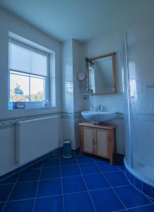 a blue bathroom with a sink and a shower at Ferienhaus Lilly in Hain