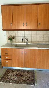a kitchen with wooden cabinets and a sink at Anna-Apartment in Nea Moudania