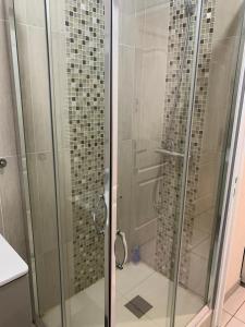 a shower with a glass door in a bathroom at L'Escale - appartement spacieux au calme in Brest