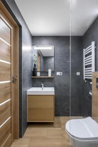 a bathroom with a sink and a mirror at Pokoje Gościnne MAGNAS in Poronin
