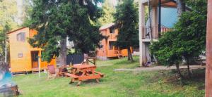 a picnic table in a yard next to a house at Tsemi My House in Borjomi