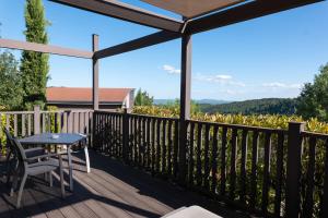 a deck with a table and chairs and a view at Domaine de Chalvêches Hôtel SPA 4* in Faugères in Rhone-Alpes