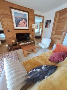 ein Wohnzimmer mit einem Bett und einem TV in der Unterkunft appartement Shangrila in Chamonix-Mont-Blanc