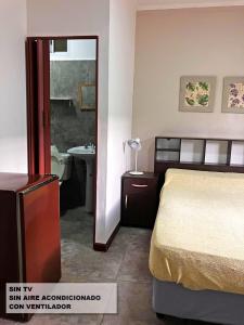 1 dormitorio con cama, lavabo y espejo en Sarmiento Monoambiente en Concordia