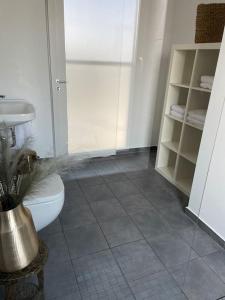 a bathroom with a toilet and a walk in shower at Penthouse-Wohnung mit Flussblick in Oldenburg