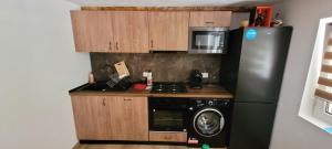 eine Küche mit einem schwarzen Kühlschrank und einer Mikrowelle in der Unterkunft Casa Vida in Luncasprie