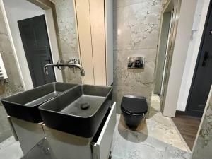 a bathroom with a sink and a toilet at Bielawy Suite in Bydgoszcz