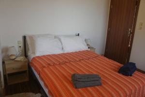 a bedroom with a bed with an orange blanket at Rosales stone house in AmigdhalokeFálion