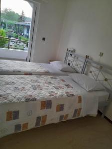 une chambre avec deux lits et une grande fenêtre dans l'établissement ARTEMIS Studios & Apartments Sidari, à Sidari