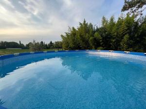 una grande piscina blu con alberi sullo sfondo di NIDO DEL CODIROSSO a Ripe