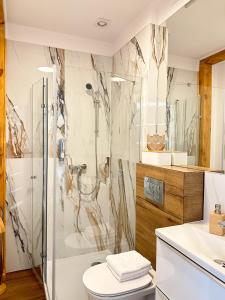 a bathroom with a shower and a toilet and a sink at DMK Oak Studio near Warsaw-Modlin Airport in Nowy Dwór Mazowiecki