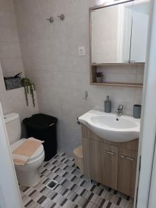 uma casa de banho com um lavatório, um WC e um espelho. em Vivian's cozy apartment em Lárissa