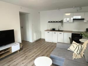 a living room with a couch and a kitchen at Apartament Niko Nad Zatoką Pucką in Puck
