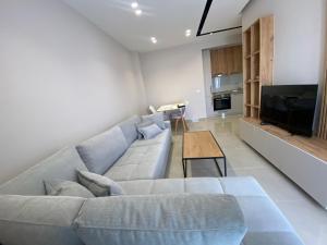 Olivia's Apartments في فيليبوجي: غرفة معيشة بها أريكة زرقاء وتلفزيون