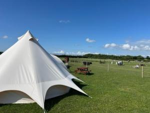 Belinda Bell Tent في بولتون لي فايلد: خيمة بيضاء تجلس على العشب في حقل