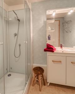 ein Bad mit einer Dusche, einem Waschbecken und einem Stuhl in der Unterkunft Le Clos de Vitermont in Englebelmer