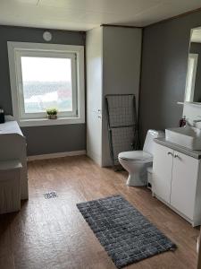 a bathroom with a toilet and a sink and a window at Barents sea window in Ytre Kiberg