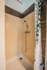łazienka z prysznicem z zasłoną prysznicową w obiekcie Maison de village cosy avec terrasse privée w mieście Saint-Marcel-de-Carreiret +22 zdjęcia
