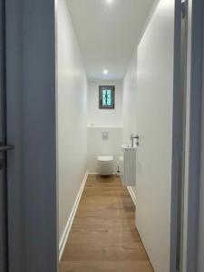 La salle de bains blanche est pourvue de toilettes et d'un lavabo. dans l'établissement Villa Manita, à Capbreton