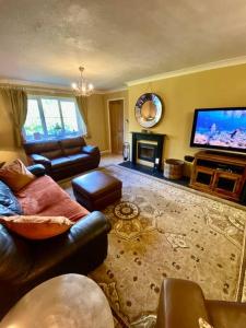 un soggiorno con divano e TV a schermo piatto di Totally Private, idyllic House with hot tub in an acre of private gardens a South Cerney