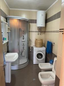 a bathroom with a shower sink and a washing machine at Lake View Apartment in Pogradec