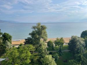 a view of the ocean with trees in the foreground at Lake View Apartment in Pogradec +4 photos