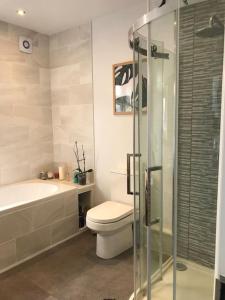 a bathroom with a toilet and a sink and a shower at Falcon Cottage - 6 Guests, Sea Views in East Cowes