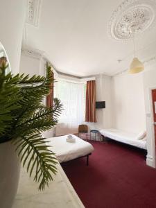 - une chambre d'hôtel avec 2 lits et un palmier dans l'établissement Orlando hotel, à Londres