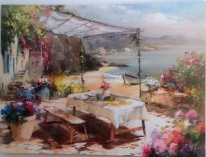 a painting of a table with a view of the ocean at Ninas B&B - exklusiv für Frauen in Bremen
