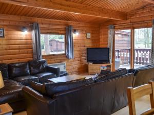 a living room with leather furniture and a flat screen tv at Larch Lodge - Uk37187 in Legbourne