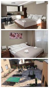 two pictures of a bedroom with a bed and a table at Second Home Apartments Miskolctapolca in Miskolctapolca