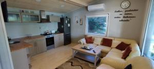 a living room with a couch and a kitchen at Ramučių sodyba in Ramučiai