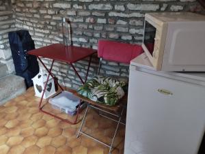 eine Küche mit einem roten Stuhl, einem Tisch und einer Pflanze in der Unterkunft Doubs Séjour - Chambres et petits déjeuners in Verdun-sur-le-Doubs
