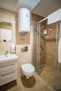 a bathroom with a shower and a toilet and a sink at Apartments Edera in Tivat
