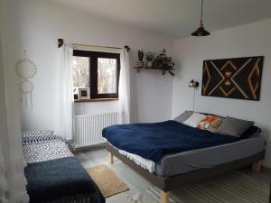 a bedroom with a blue bed and a window at Casa CeDar in Lupeni