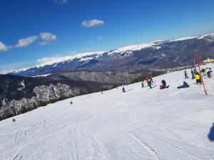 a group of people skiing down a snow covered slope at Casa CeDar in Lupeni