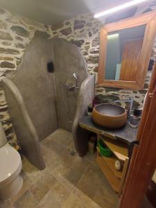 y baño con ducha, aseo y lavamanos. en Πέτροκτιστο Σπίτι. Stone House en Ayía Kiriakí