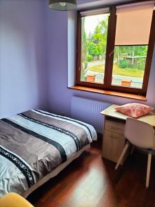 1 dormitorio con cama, escritorio y ventana en Garden Apartment, en Oborniki Śląskie