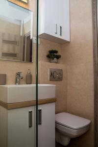 a bathroom with a sink and a toilet and a mirror at Apartament Zeuss Neptun in Neptun